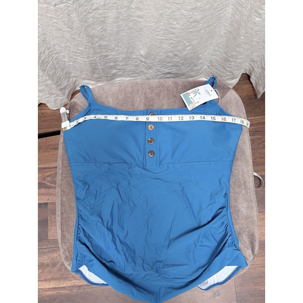 B2PRITY Blue One Piece Swimsuit Button Front Adjustable Straps Ruched Size XL - Picture 5 of 8